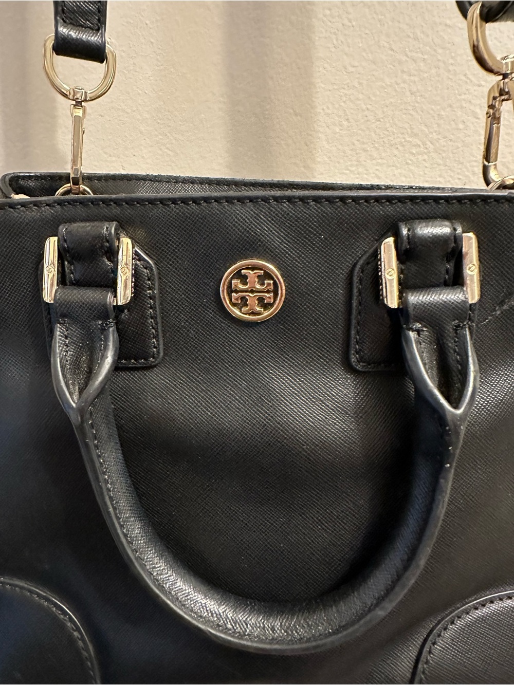 #364 Tory Burch Black Leather Satchel with Gold-Tone Logo